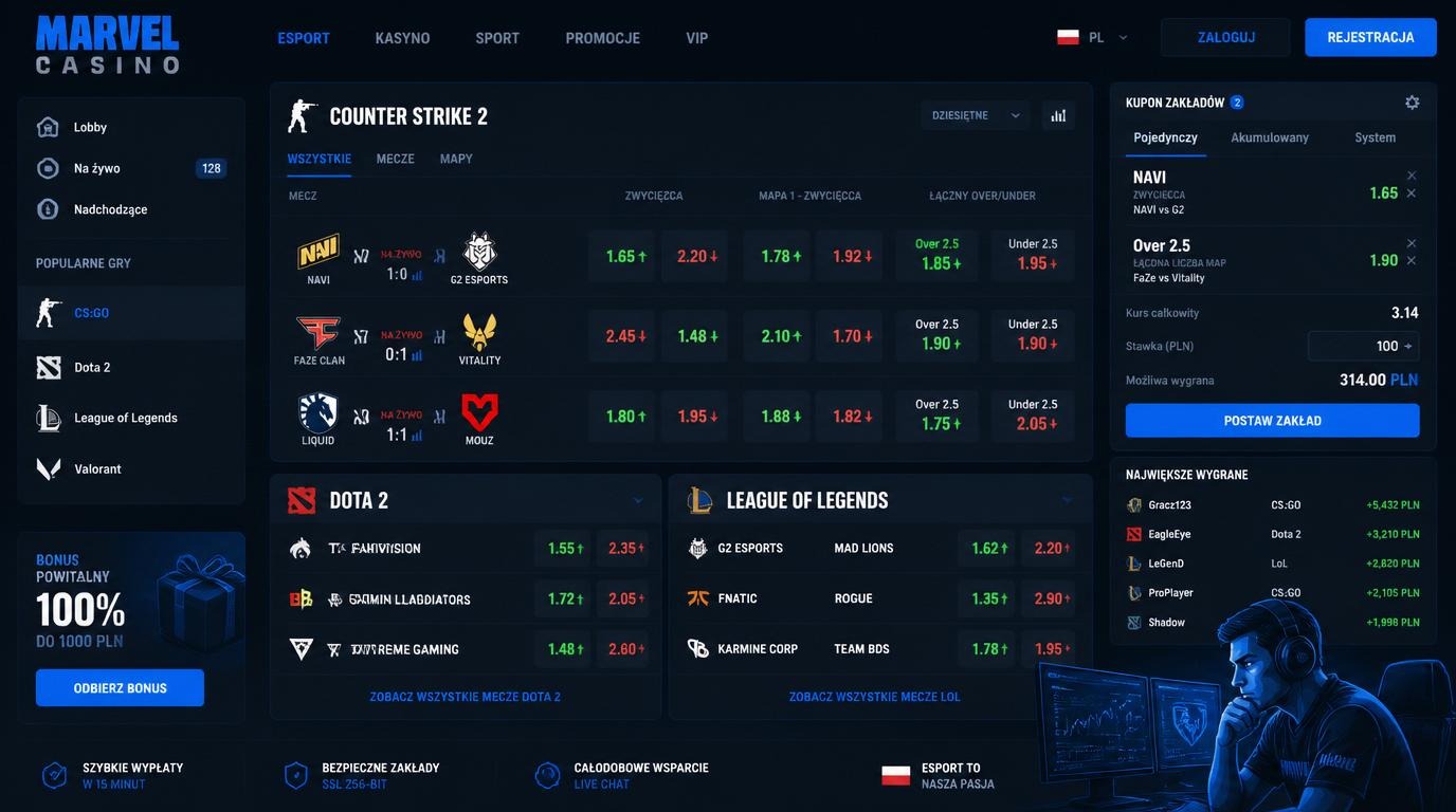 Alternatywny tekst: interfejs z kursami esportowymi CS:GO, Dota2, LoL analizowany przez gracza 