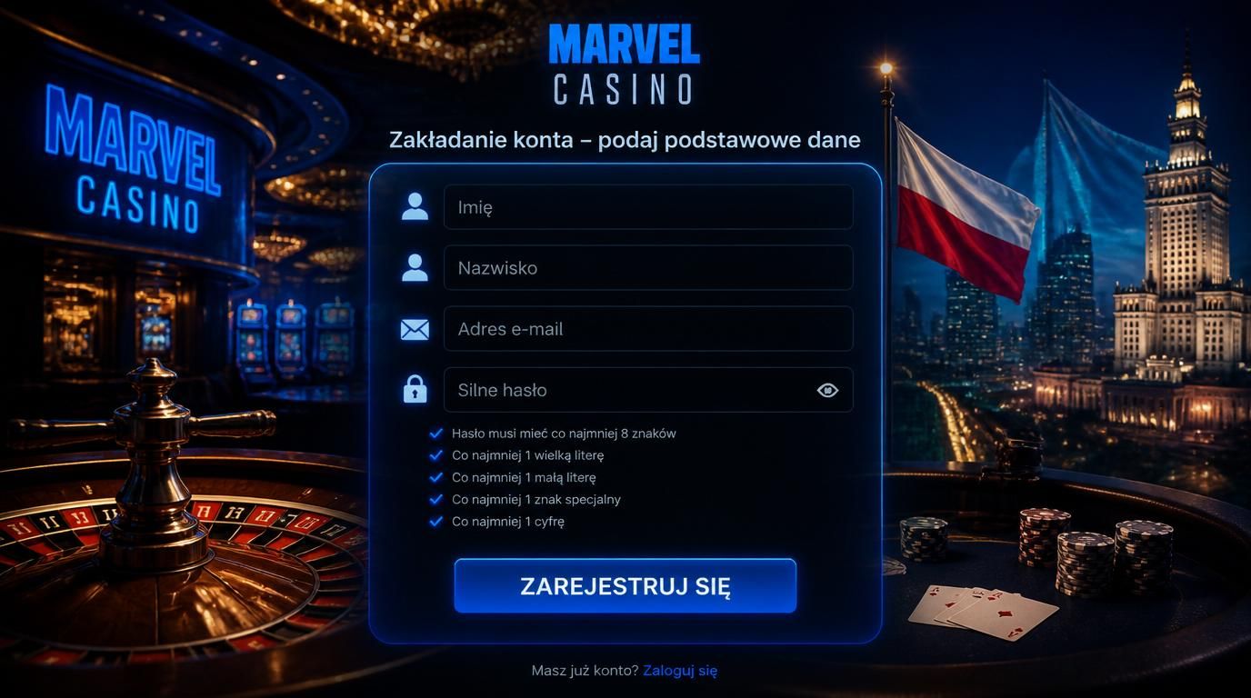 Formularz rejestracji w Marvel Casino z polami danych osobowych