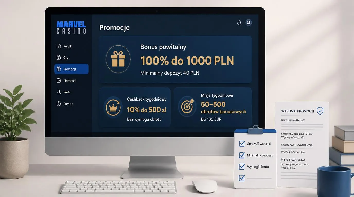 Panel promocji z bonusem 100% do 1000 PLN, depozytem 40 PLN i cotygodniowym cashbackiem 10% do 500 zł