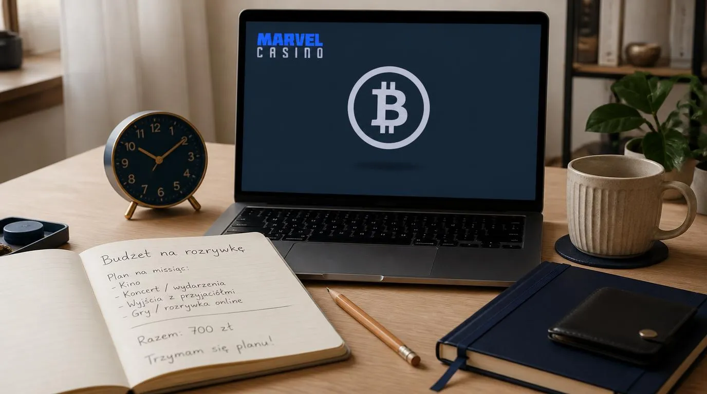 Notatnik z budżetem rozrywkowym obok zegara i laptopa z symbolem płatności kryptowalutowej