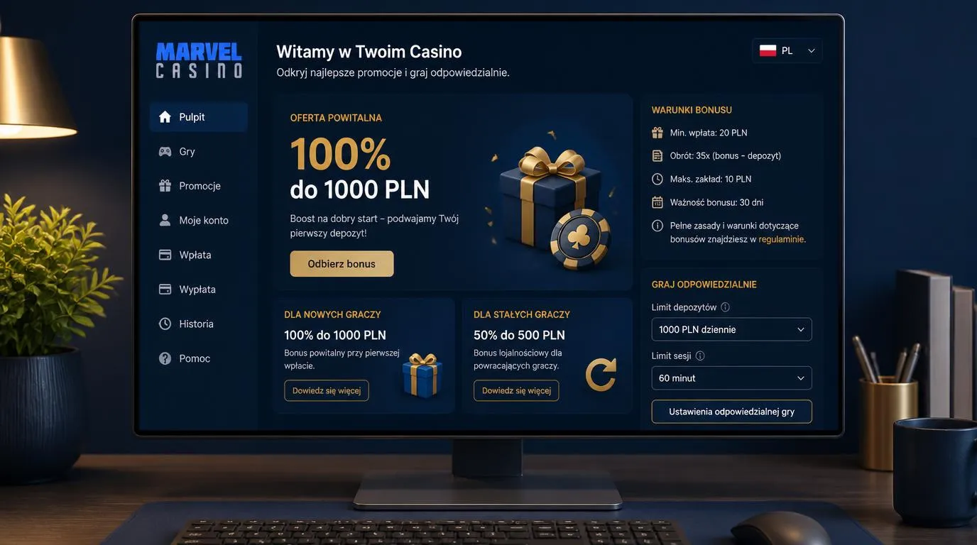 Makieta panelu kasyna z ofertą 100% do 1000 PLN, warunkami bonusu i ustawieniami limitów gry