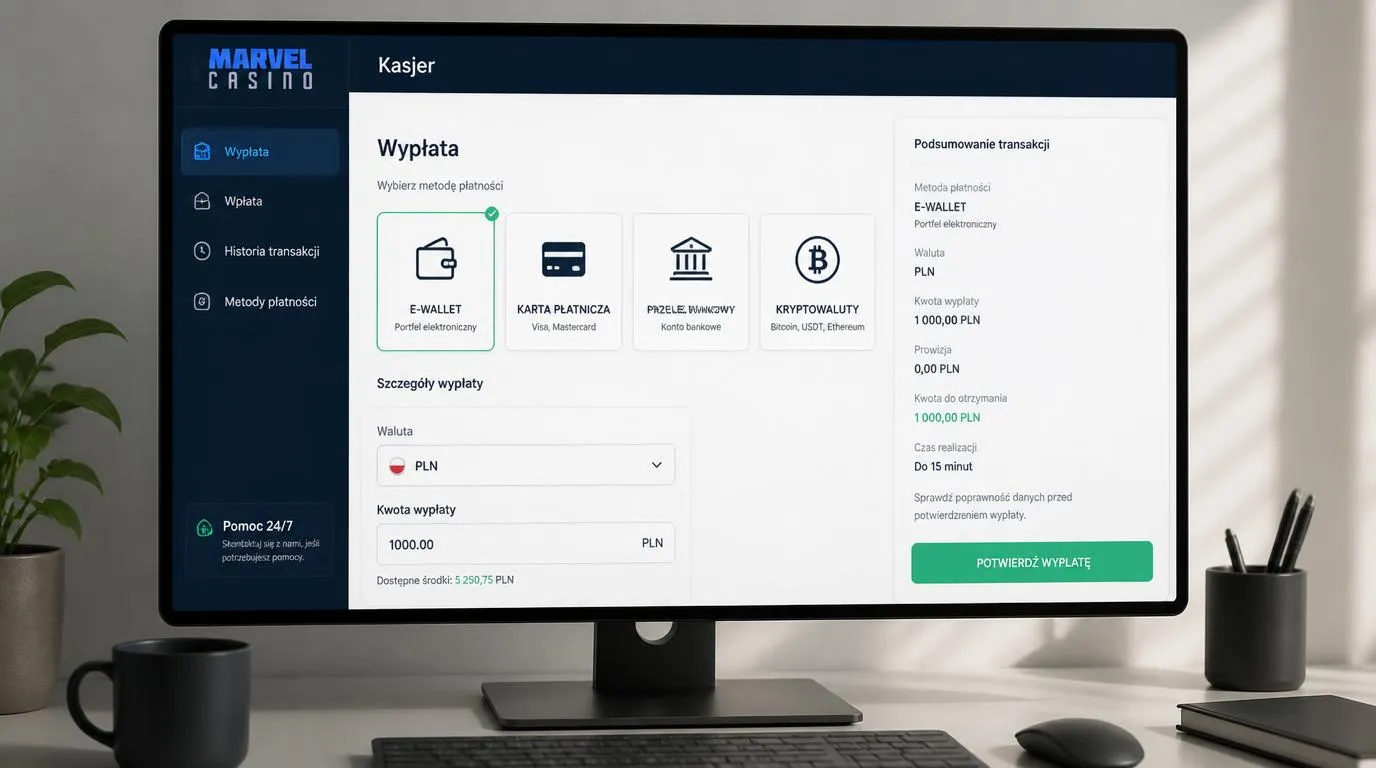 Panel kasjera z portfelem elektronicznym, kartą, przelewem i kryptowalutami oraz wyborem waluty PLN