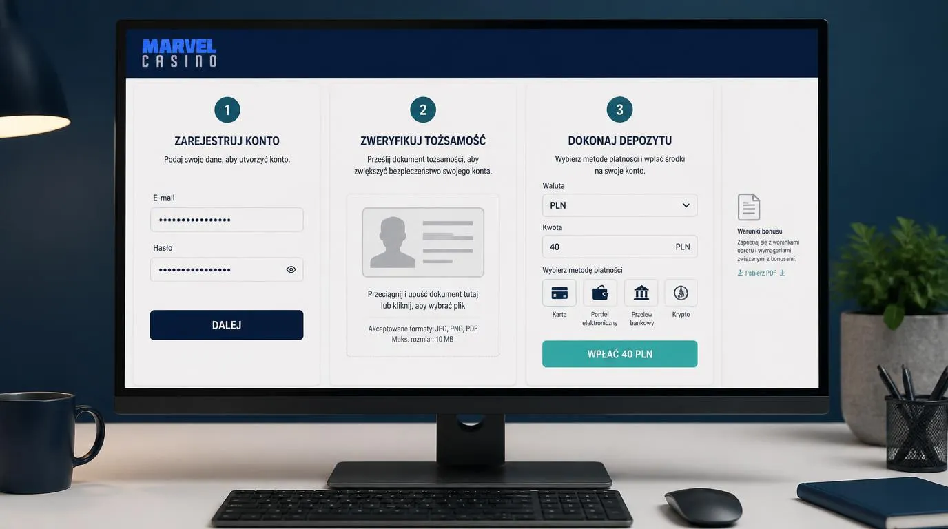 Panel rejestracji konta, przesyłania dokumentów KYC i pierwszej wpłaty w PLN